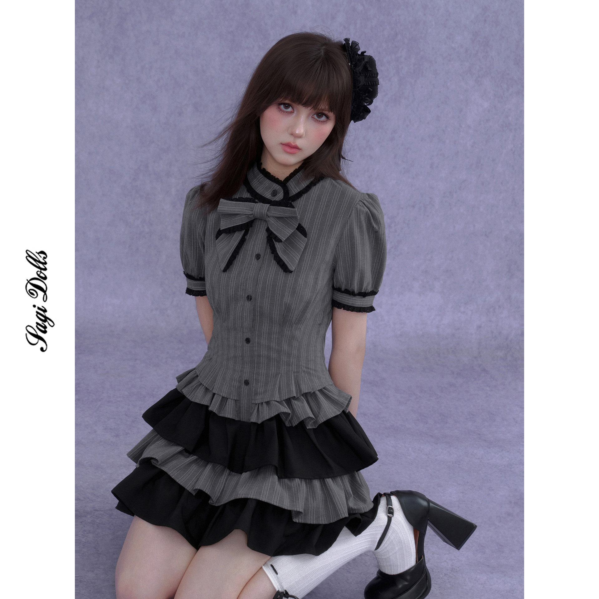 SagiDolls少女斗志 飞扬の裙摆灰黑蝴蝶结蛋糕连衣裙桥百搭显瘦夏