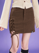 SagiDolls少女斗志 裙假两件半身裙显瘦秋冬 棕色复古灯芯绒绑带裤