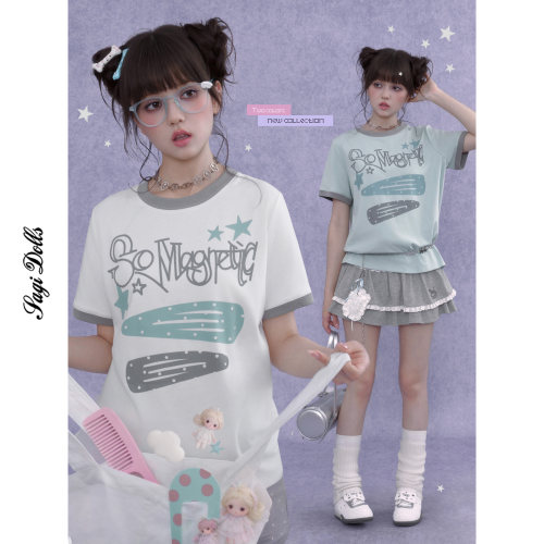 SagiDolls少女斗志双色发夹俏皮甜酷印花圆领短袖正肩T恤宽松显瘦