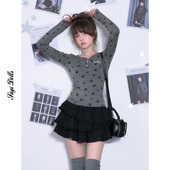 修身 SagiDolls少女斗志 甜美可爱小狗脚印V领长袖 印花灰色t恤显瘦