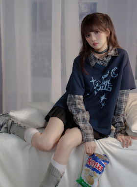 SagiDolls少女斗志 深蓝像素印花拼接格子衬衣假两件卫衣百搭减龄