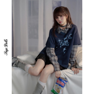 SagiDolls少女斗志 深蓝像素印花拼接格子衬衣假两件卫衣百搭减龄
