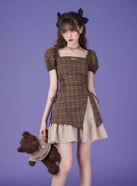 SagiDolls少女斗志 #夹心可可#甜酷纯欲咖色格子修身高腰连衣裙夏