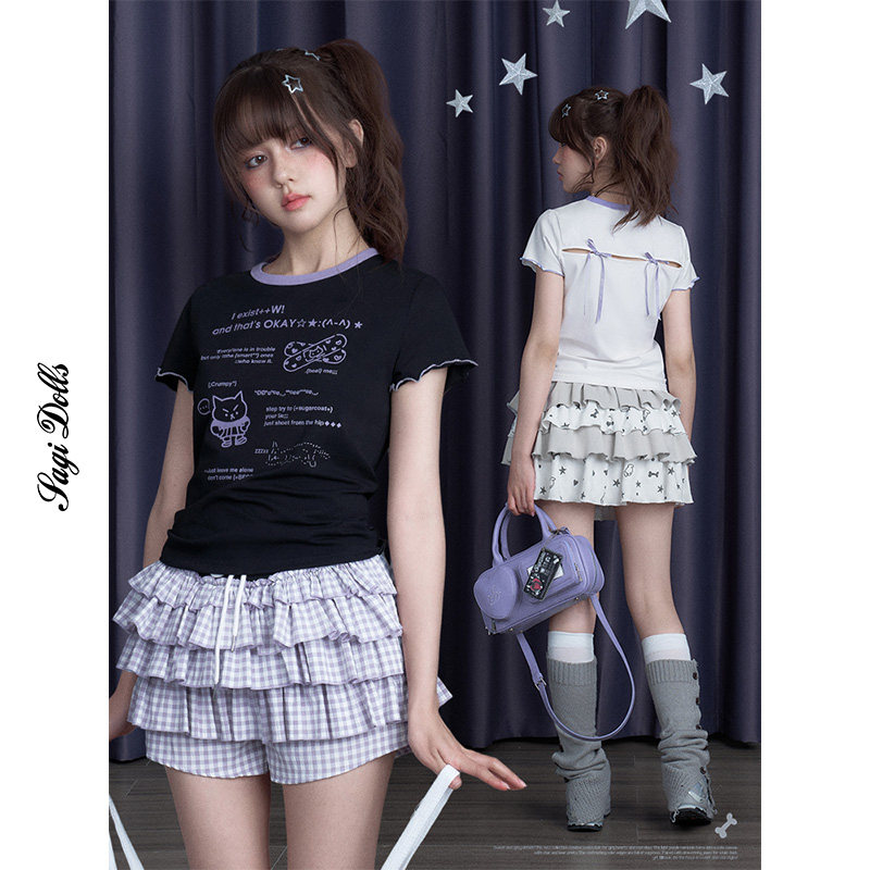 SagiDolls少女斗志#萌宅物语#甜酷黑白两色可爱印花短袖蝴蝶结T恤