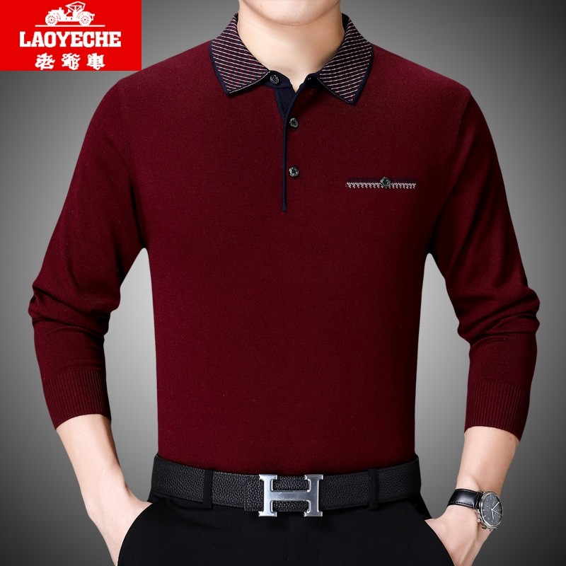 老爷车春装本命年翻领长袖T恤男爸爸装宽松休闲上衣服打底针织衫