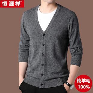 恒源祥羊毛衫男100纯羊毛2024新款春秋季宽松v领针织衫男开衫薄款