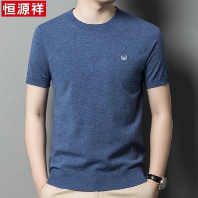 正品恒源祥纯羊毛衫男短袖圆领薄款毛衣男士半袖针织打底衫新款