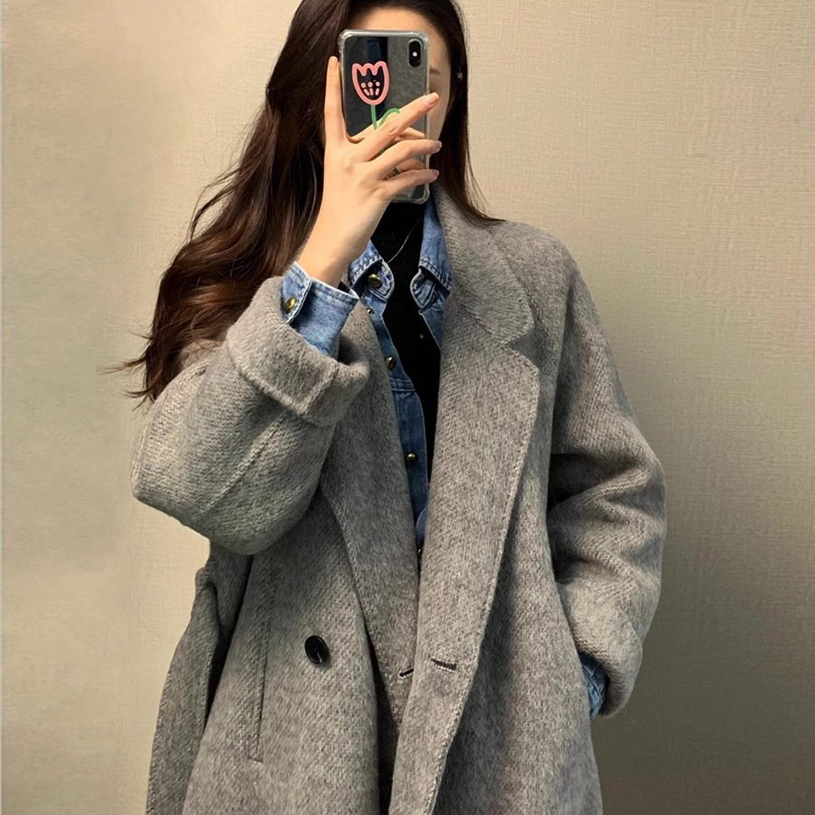 2025秋季新款灰色呢子大衣女2025冬季新款韩系学院风感显初冬