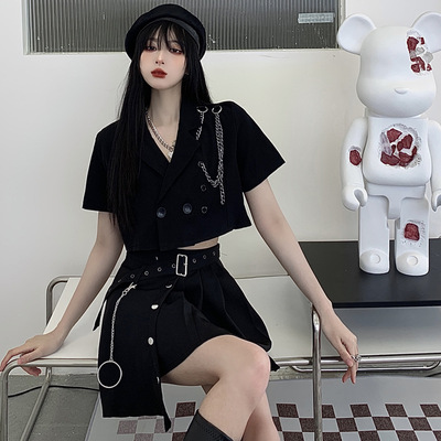 暗黑系设计感短袖小西装高腰不规则百褶短裙时尚辣妹两件套装