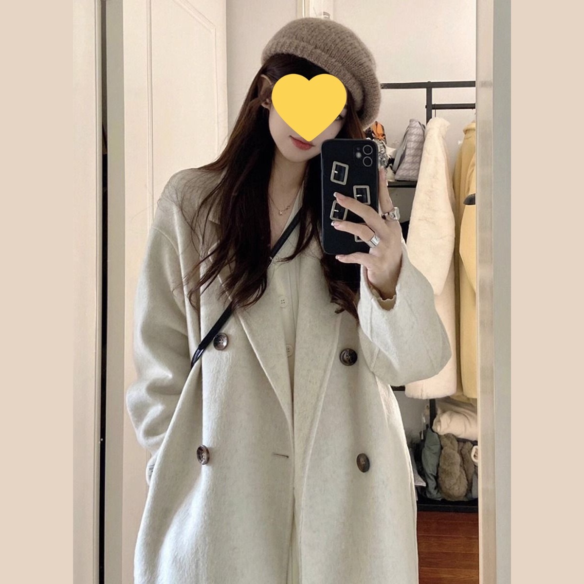 燕麦色双面呢绒大衣女中长款2025秋冬季新款韩系过膝毛呢外套