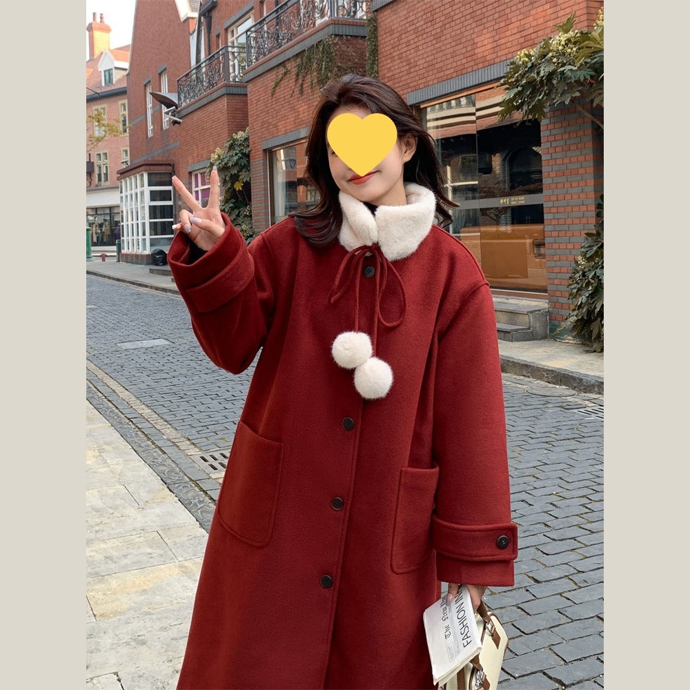 圣诞红色毛呢大衣女秋冬2025新款赫本风中长款流行漂亮毛呢外套