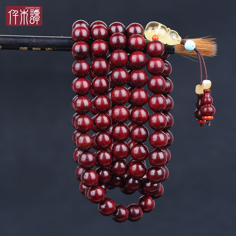 仟木谭小叶紫檀鱼鳞金星玻璃底料10mm/108颗佛珠手链念珠原创设计