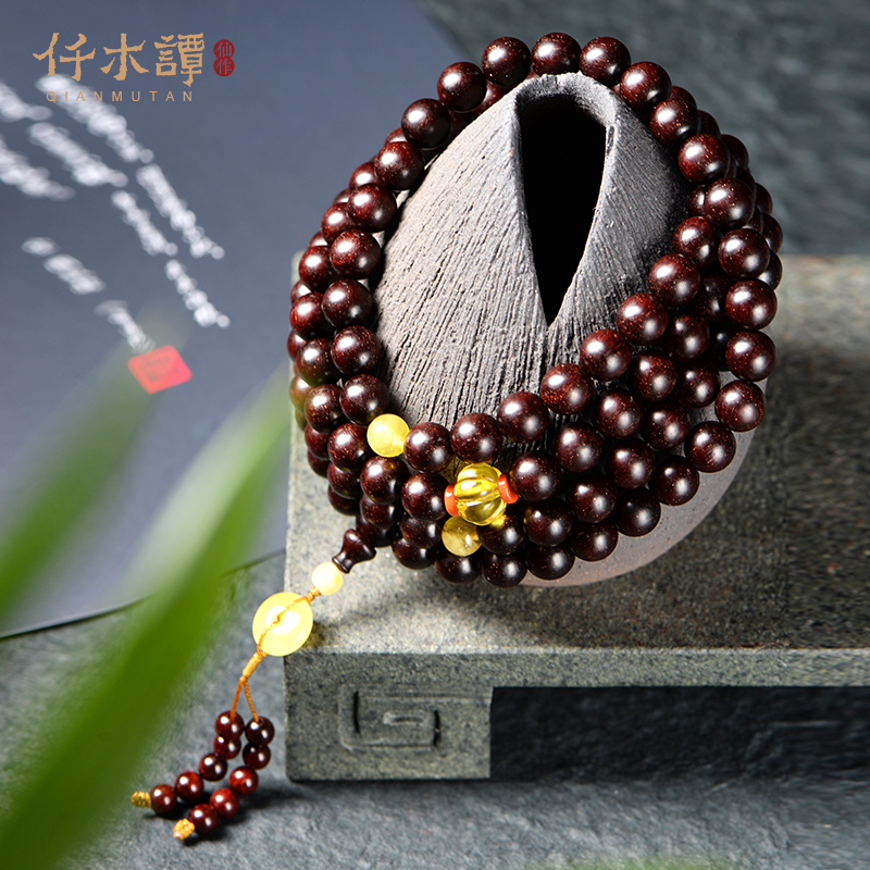 仟木谭小叶紫檀佛珠手串8mm108颗手链《金玉满堂》蜜蜡饰品文玩