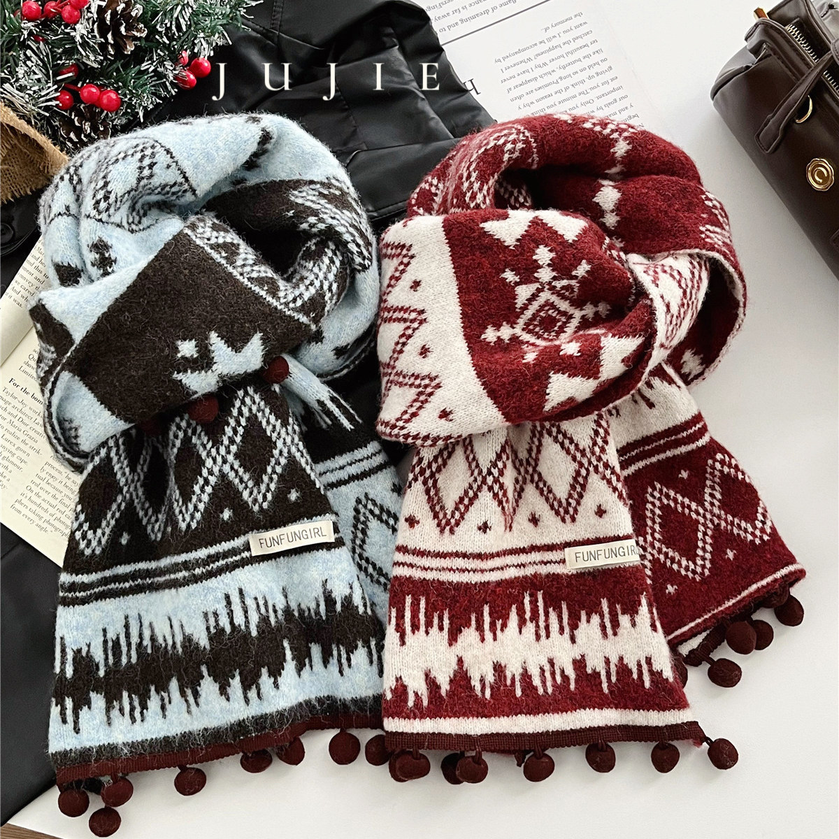 圣诞氛围感雪地拍照费尔岛风针织围巾女冬季加厚保暖球球流苏围脖