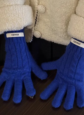 宝蓝色简约麻花百搭针织毛线手套少女秋冬保暖露指可触屏骑行防寒