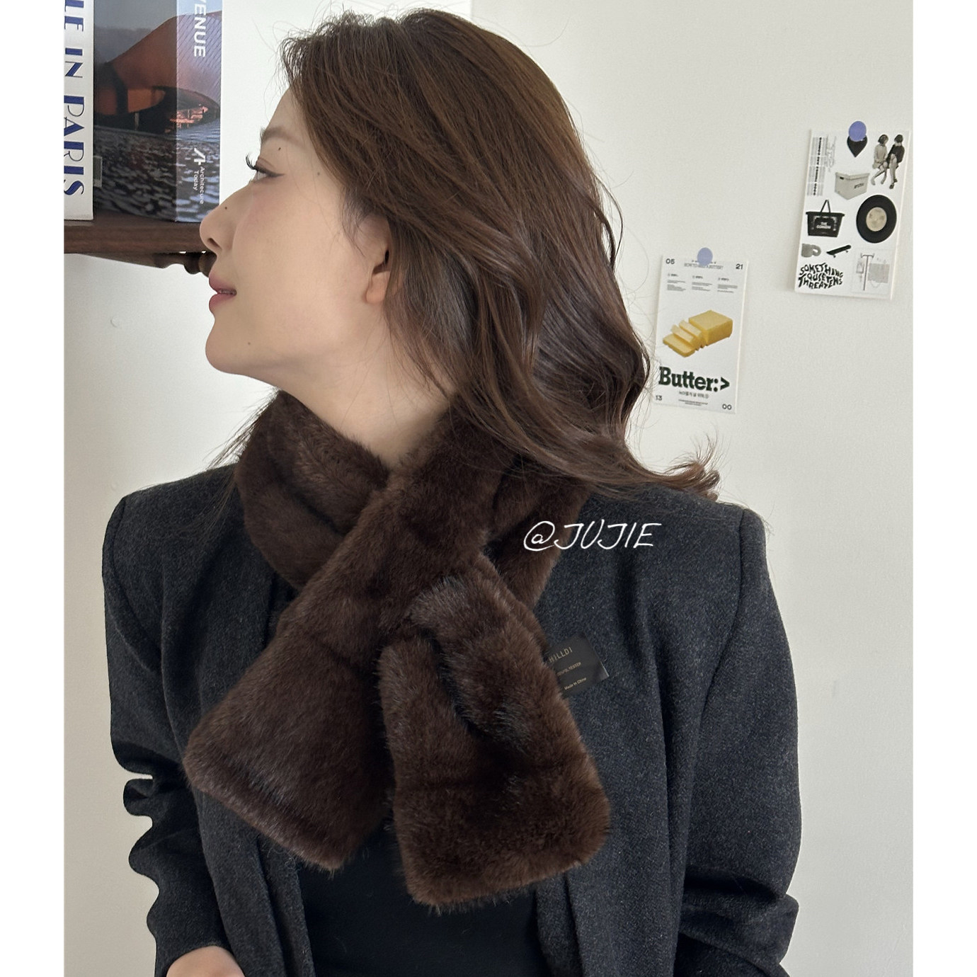 仿貂毛交叉围脖短款免打结围巾女轻奢百搭保暖围脖秋冬季纯色外搭