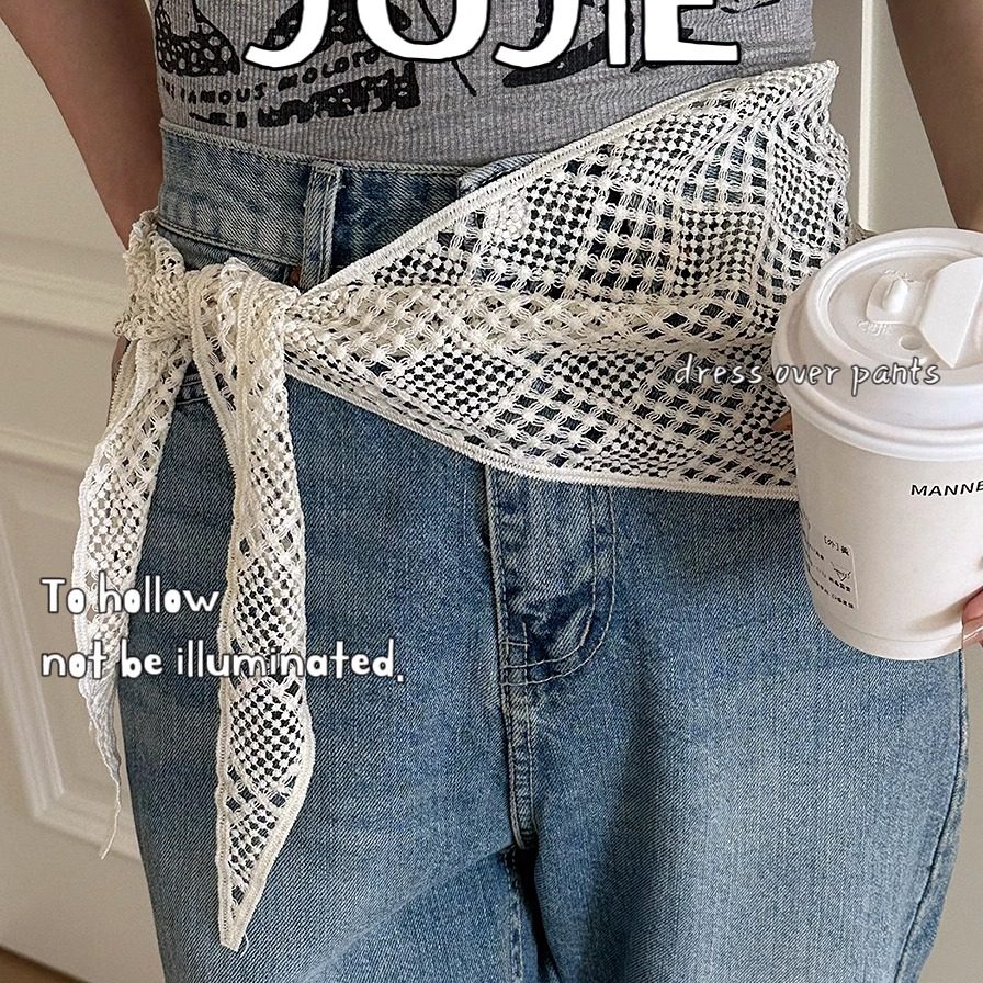 韩版镂空针织围巾女夏季薄款防晒披肩外搭系带围脖百搭装饰屁帘女