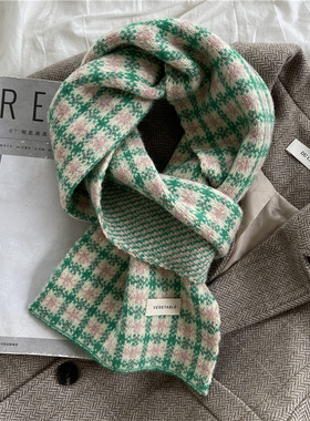 绿色学院风格子拼色保暖毛线围巾日系气质学生围脖女秋冬加厚针织