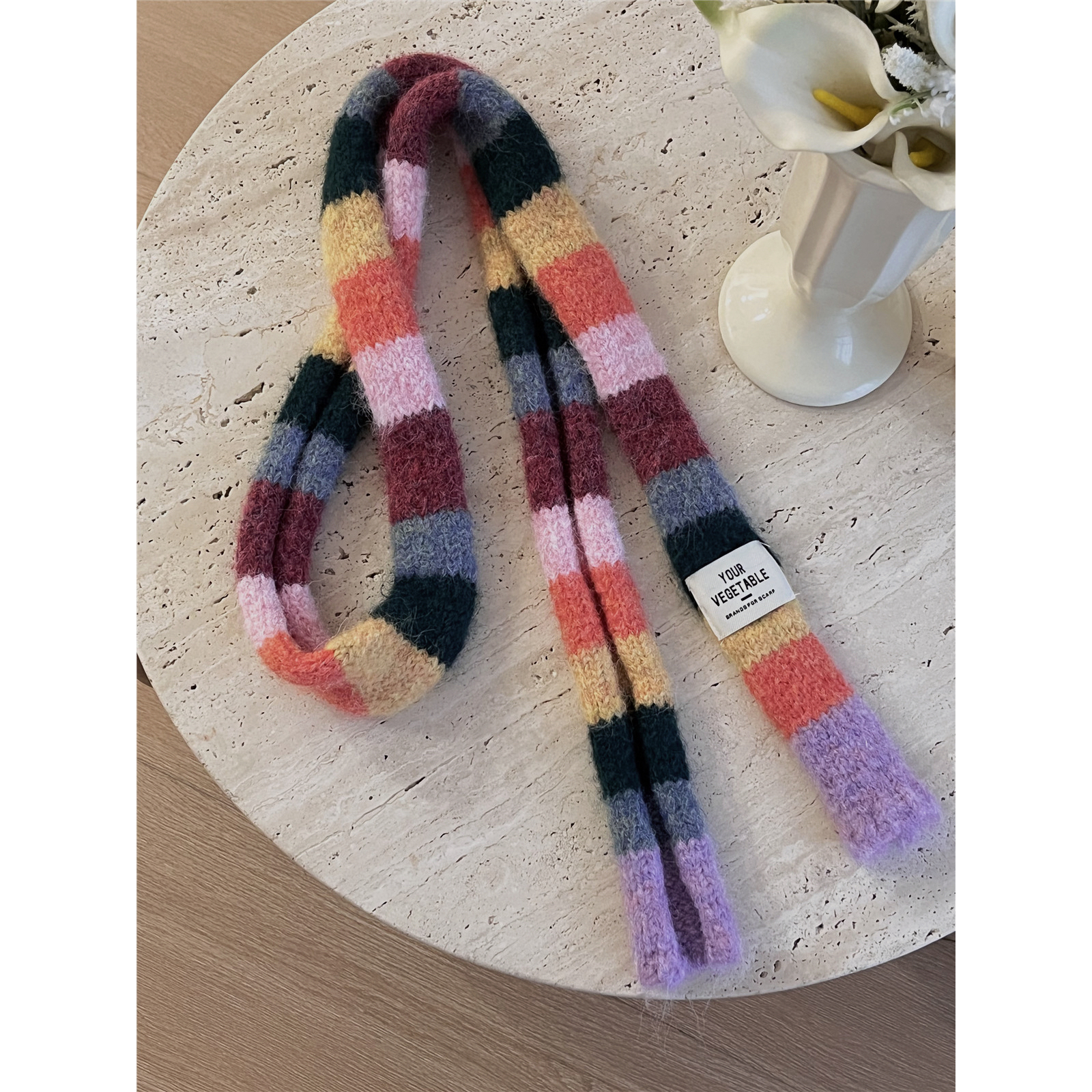 糖果色多巴胺长条毛线围脖细长小围巾叠穿女彩色拼接撞色条纹温暖
