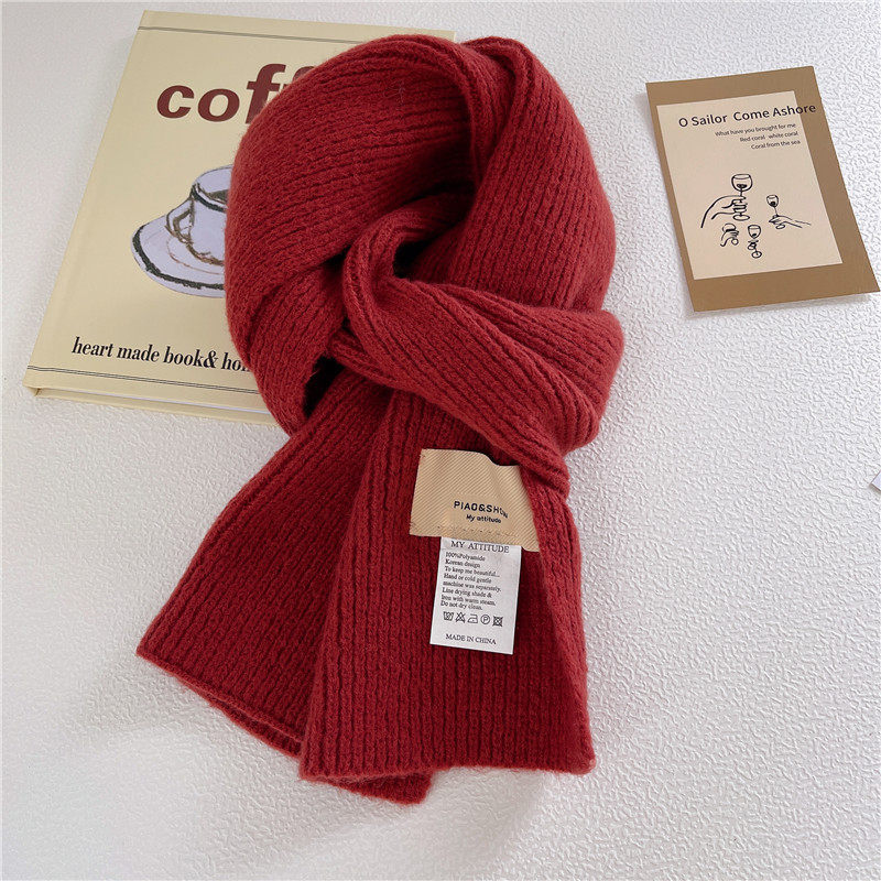 红色简约短款毛线围巾日系糖果色百搭秋冬针织短围脖保暖学生儿童
