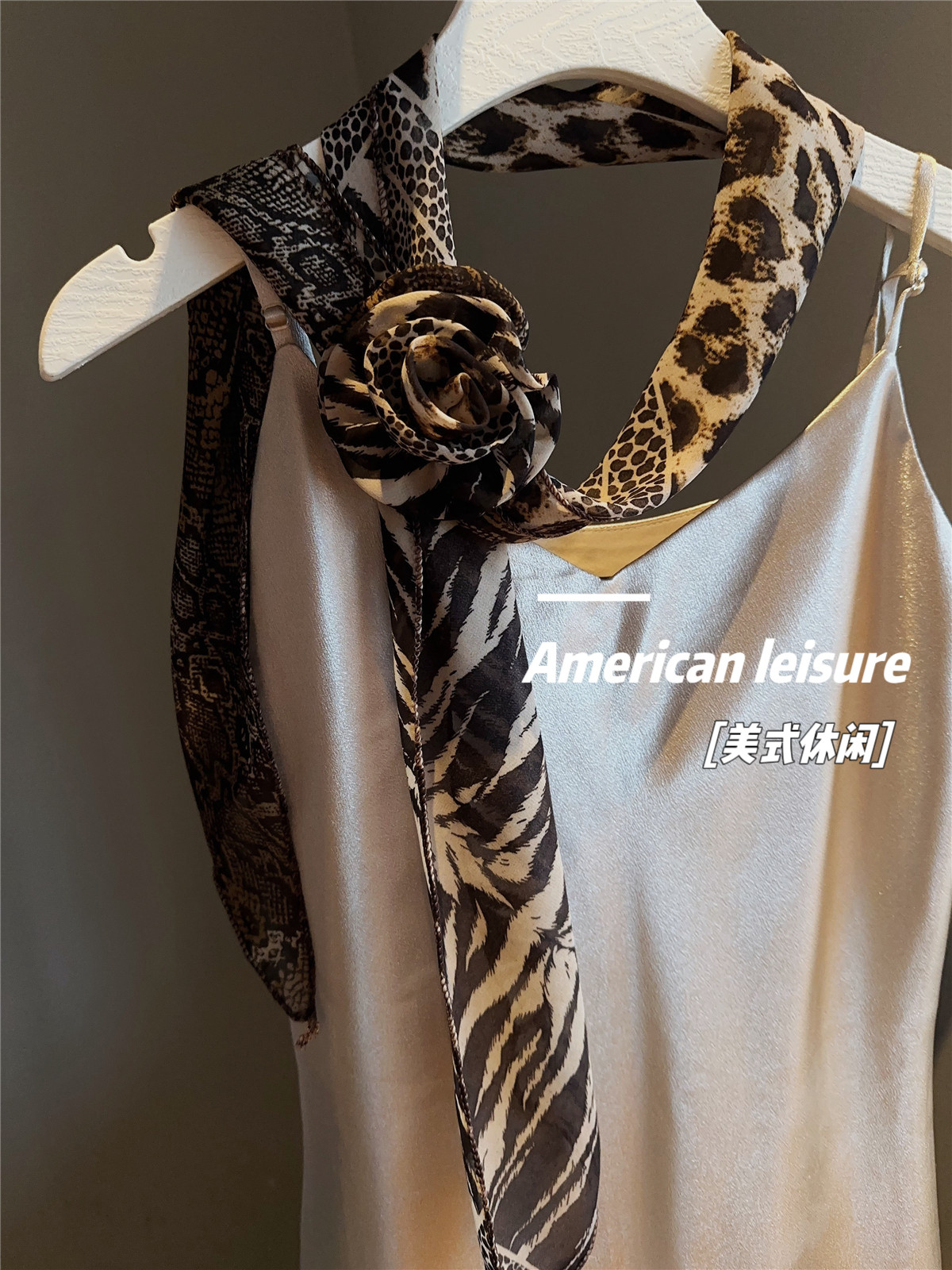 美式豹纹丝巾玫瑰花朵发带丝带