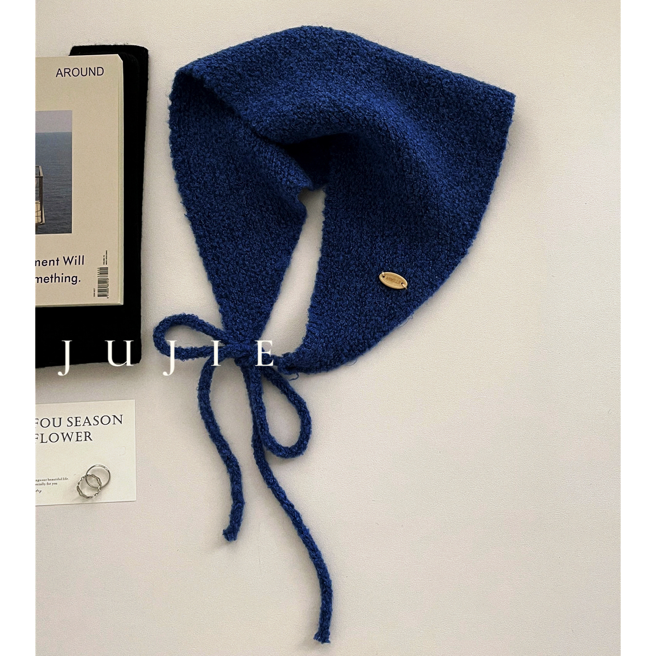 蓝色针织毛线系带三角巾女冬季保暖围脖包头巾小领巾百搭纯色简约