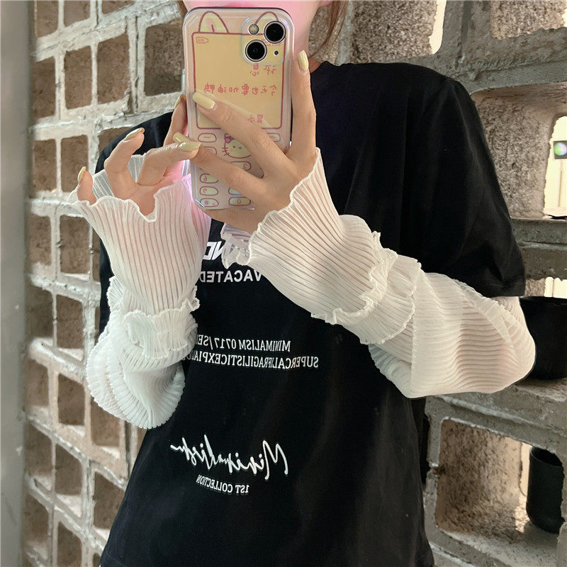 黑色宽松网纱袖套防晒防紫外线蕾丝女士冰丝夏季骑行手套薄款手袖