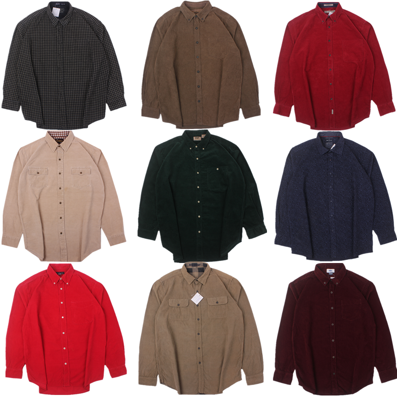 vintage古着美式灯芯绒衬衣文艺宽松复古长袖纯色衬衫男女T46