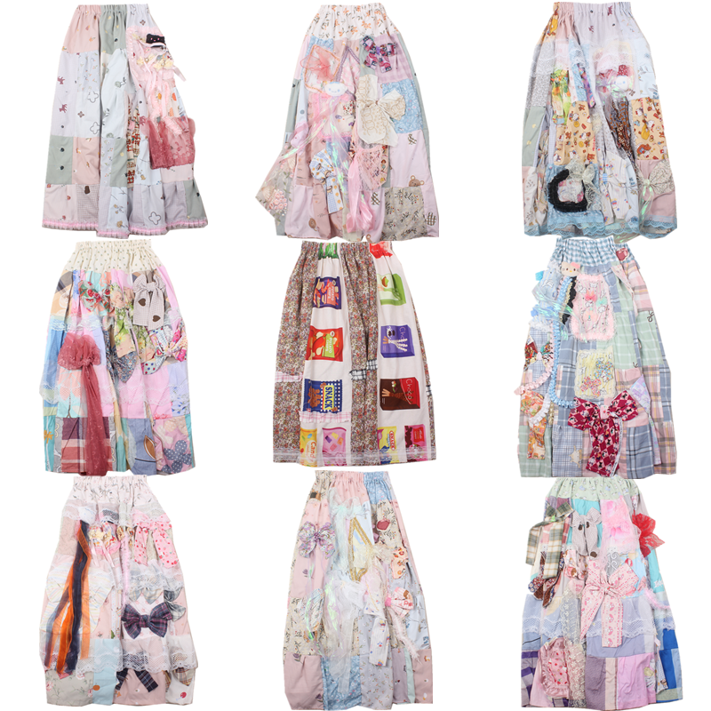 古着vintage 森系复古拼布裙重工甜美松紧腰碎花蕾丝拼接半身裙