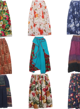 古着vintage波西米亚碎花复古民族风少女棉麻油画半身裙N3