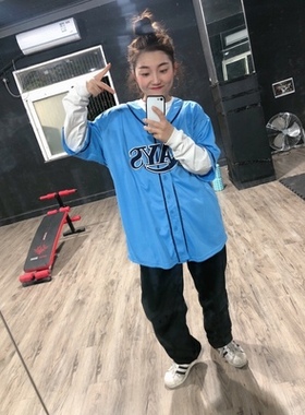 vintage古着原宿街头数字BF嘻哈风格宽松球衣棒球开衫短袖男女