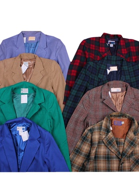 vintage古着日本复古格纹纯色羊毛呢西装小香风制服外套秋冬C19