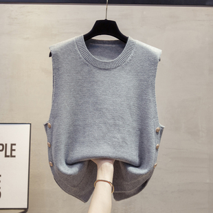 秋装设计感圆领马甲针织背心女款外穿休闲开叉时尚无袖毛衣女坎肩