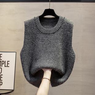 坎肩毛衣 针织马甲背心女钉珠上衣气质深灰套头无袖 2025年秋装 新款