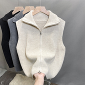 软糯舒适无袖 翻领双拉链无袖 针织开衫 坎肩马甲背心女叠穿上衣外套