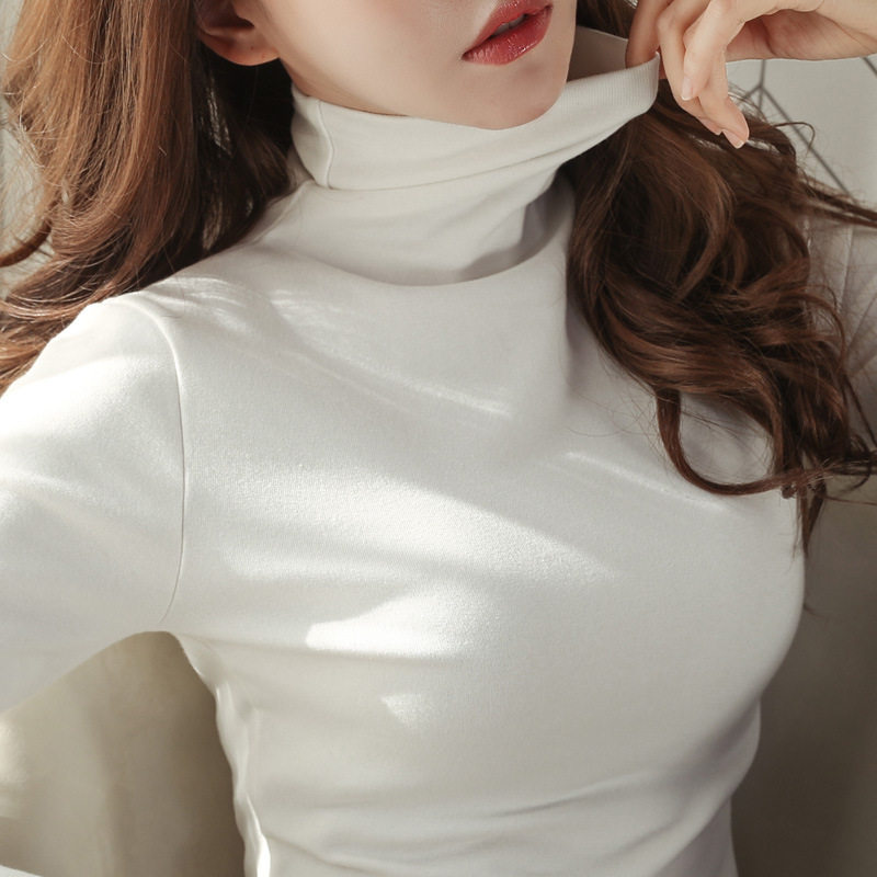 气质欧美新款秋季女装修身长袖t恤女修身显瘦高领加绒打底衫加厚