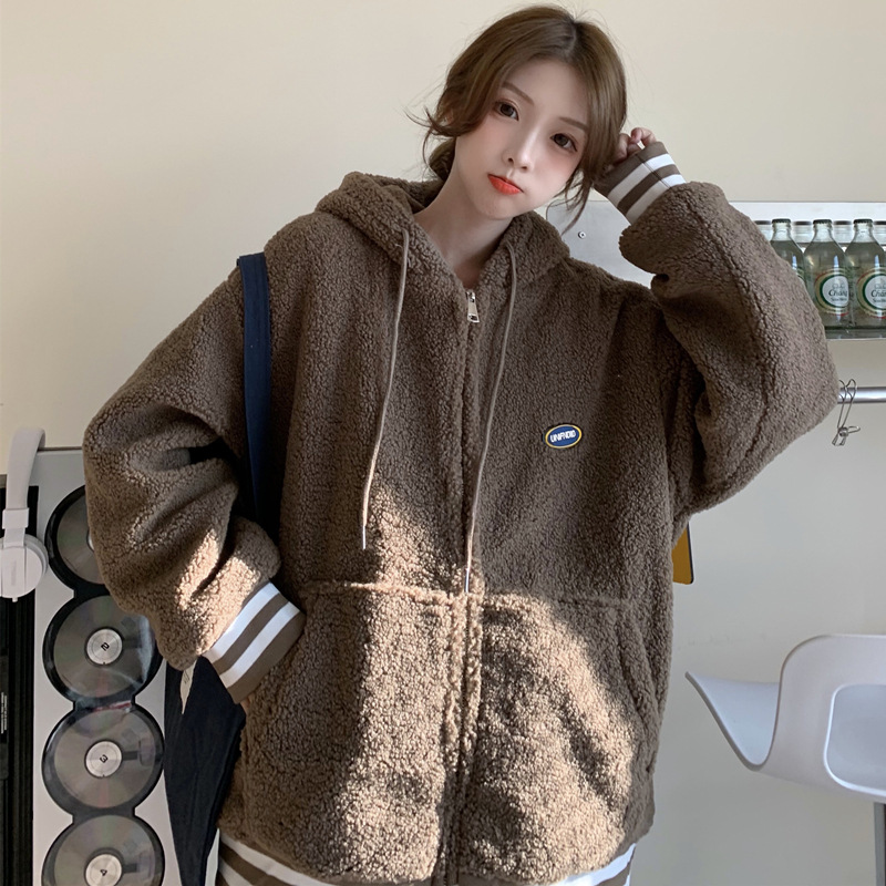 刺绣加厚开衫卫衣羊羔绒外套女冬季2021宽松bf慵懒风女ins上衣潮