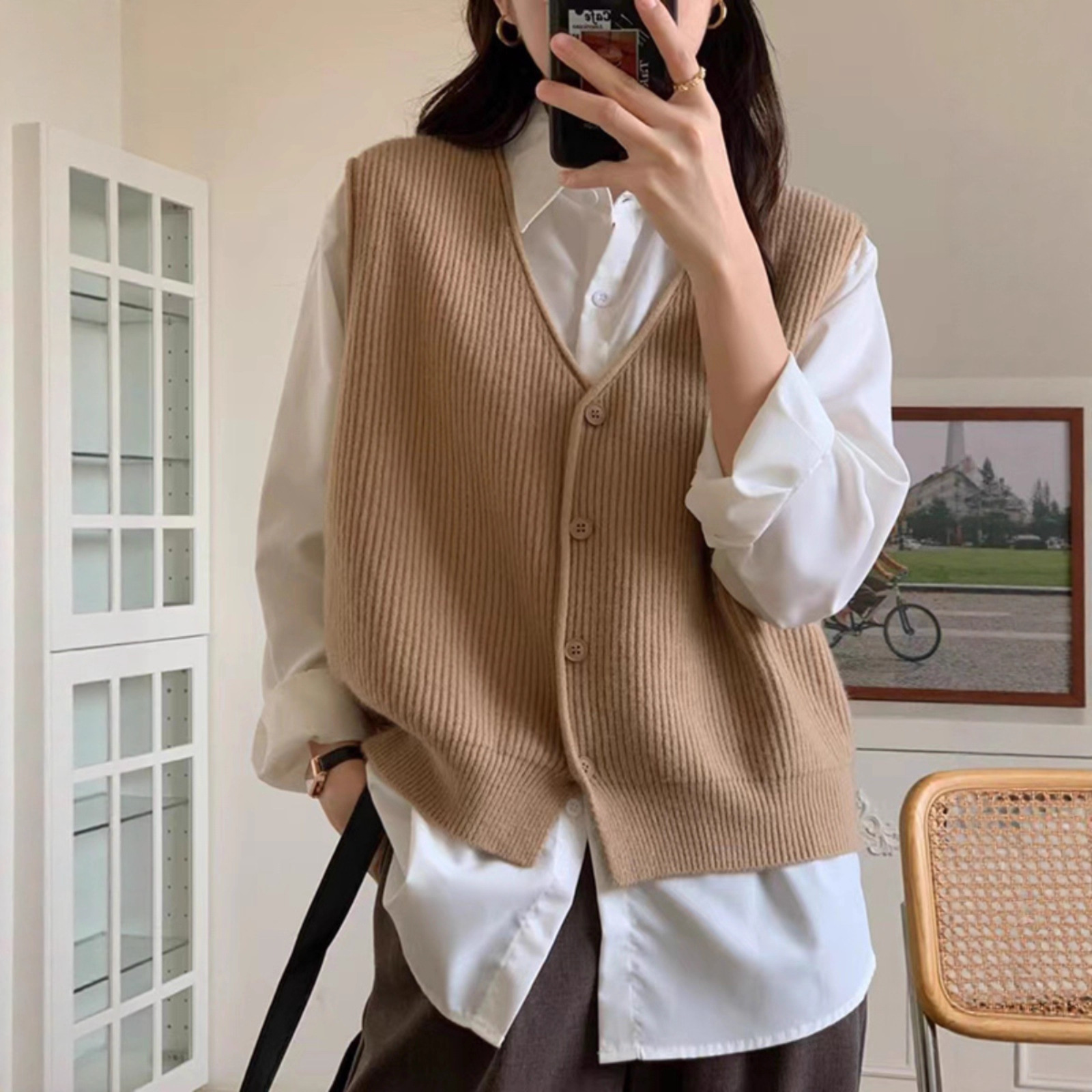 针织开衫马夹背心女装秋季2025新款坎肩复古v领外搭叠穿韩系马甲