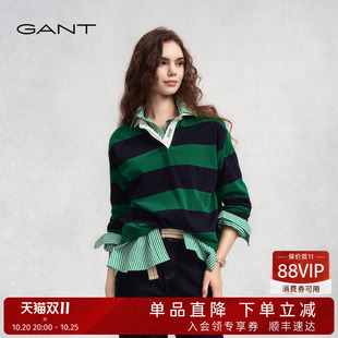 GANT/甘特秋冬季新款女士纯棉横条纹翻领长袖T恤宽松休闲百搭上衣