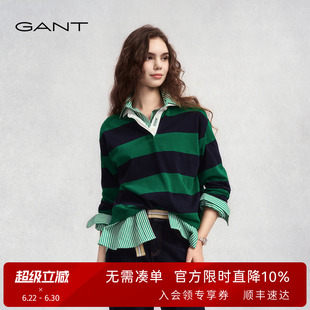 GANT/甘特秋冬季新款女士纯棉横条纹翻领长袖T恤宽松休闲百搭上衣