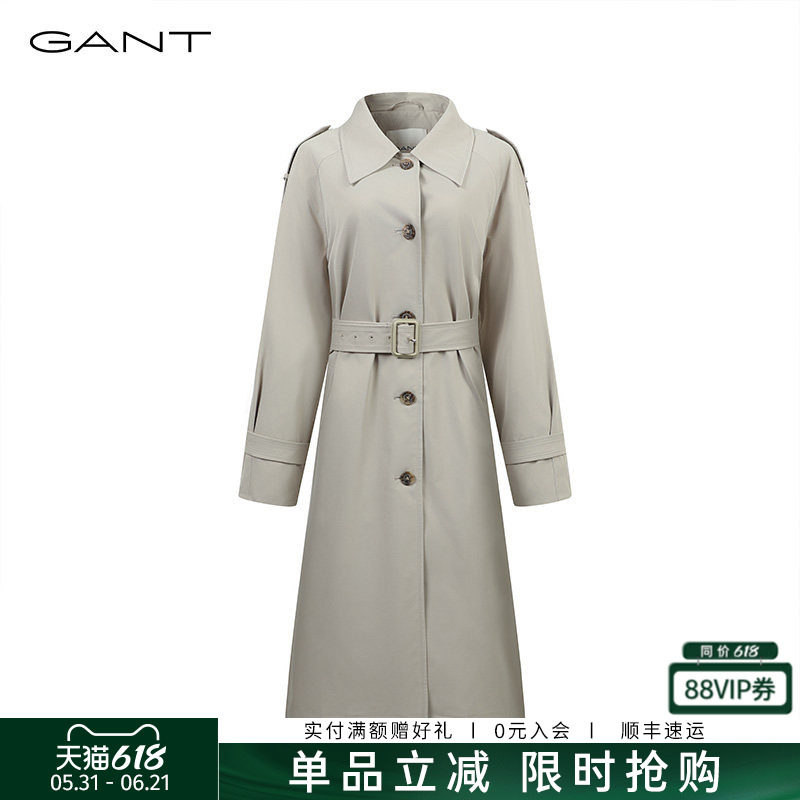 GANT/甘特秋季女士中长款尖领单排扣腰带风衣复古英伦风气质大衣