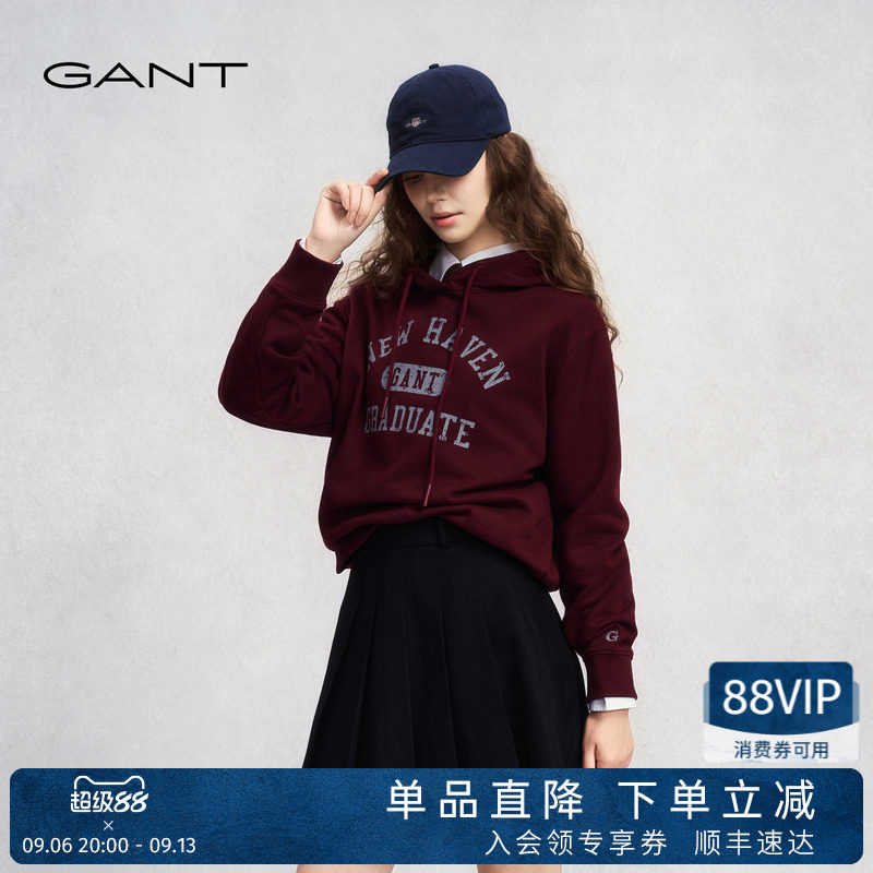 GANT/甘特25年秋冬女士加绒外套上衣学院风刺绣休闲运动连帽卫衣
