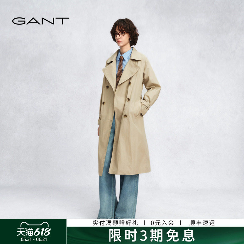 GANT/甘特26春女士老钱风收腰翻领休闲风衣双排扣复古英伦风外套