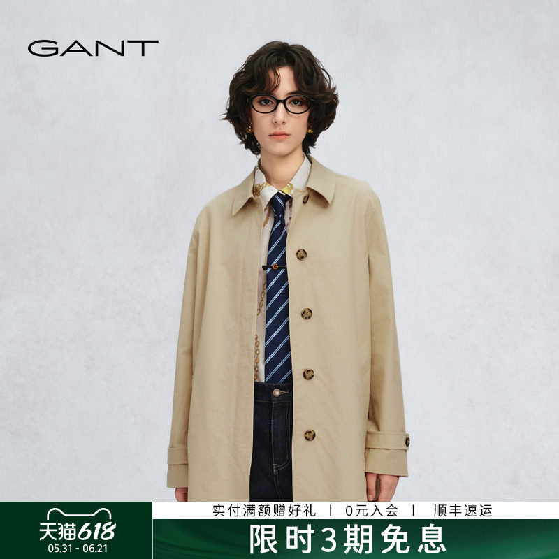 GANT/甘特2026春季女士翻领休闲中长款风衣极简通勤直筒宽松外套