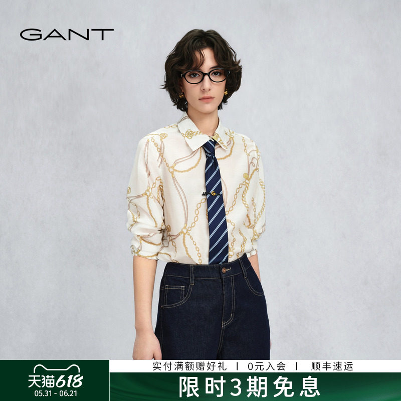 GANT/甘特26春夏季女士棉丝混纺长袖衬衫印花优雅老钱风薄款衬衣