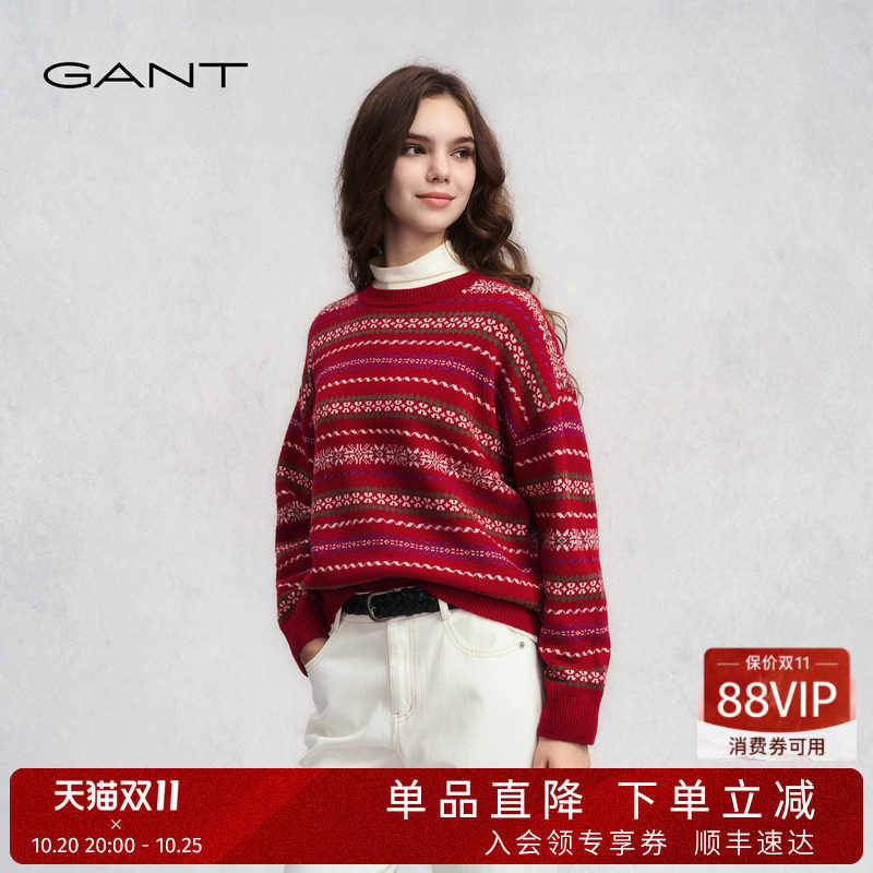 【100%绵羊毛】GANT/甘特秋冬新款女套头毛衣圆领红色长袖针织衫