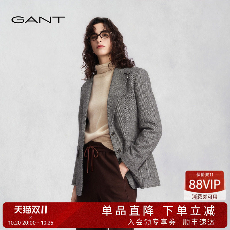 GANT/甘特春秋新款女士宽松休闲复古风毛呢人字纹通勤单西服外套