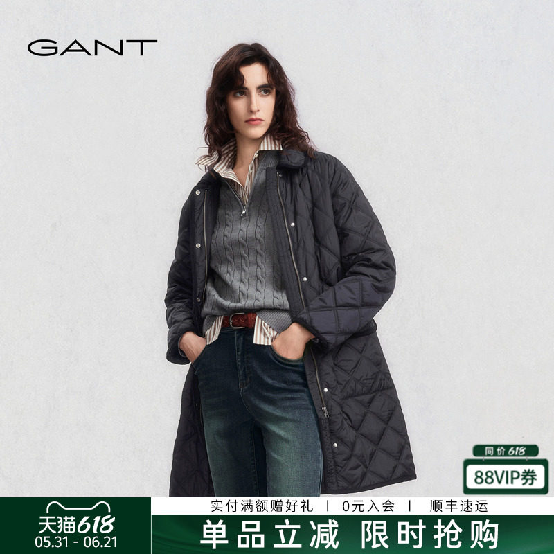 GANT/甘特2025秋冬新款女士轻薄中长款棉服复古翻领绗缝直筒外套