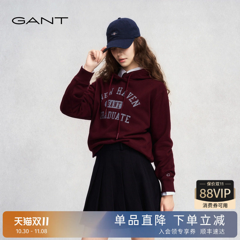 GANT/甘特25年秋冬女士加绒外套上衣学院风刺绣休闲运动连帽卫衣