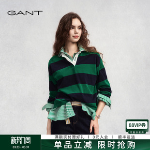 GANT/甘特秋冬季新款女士纯棉横条纹翻领长袖T恤宽松休闲百搭上衣